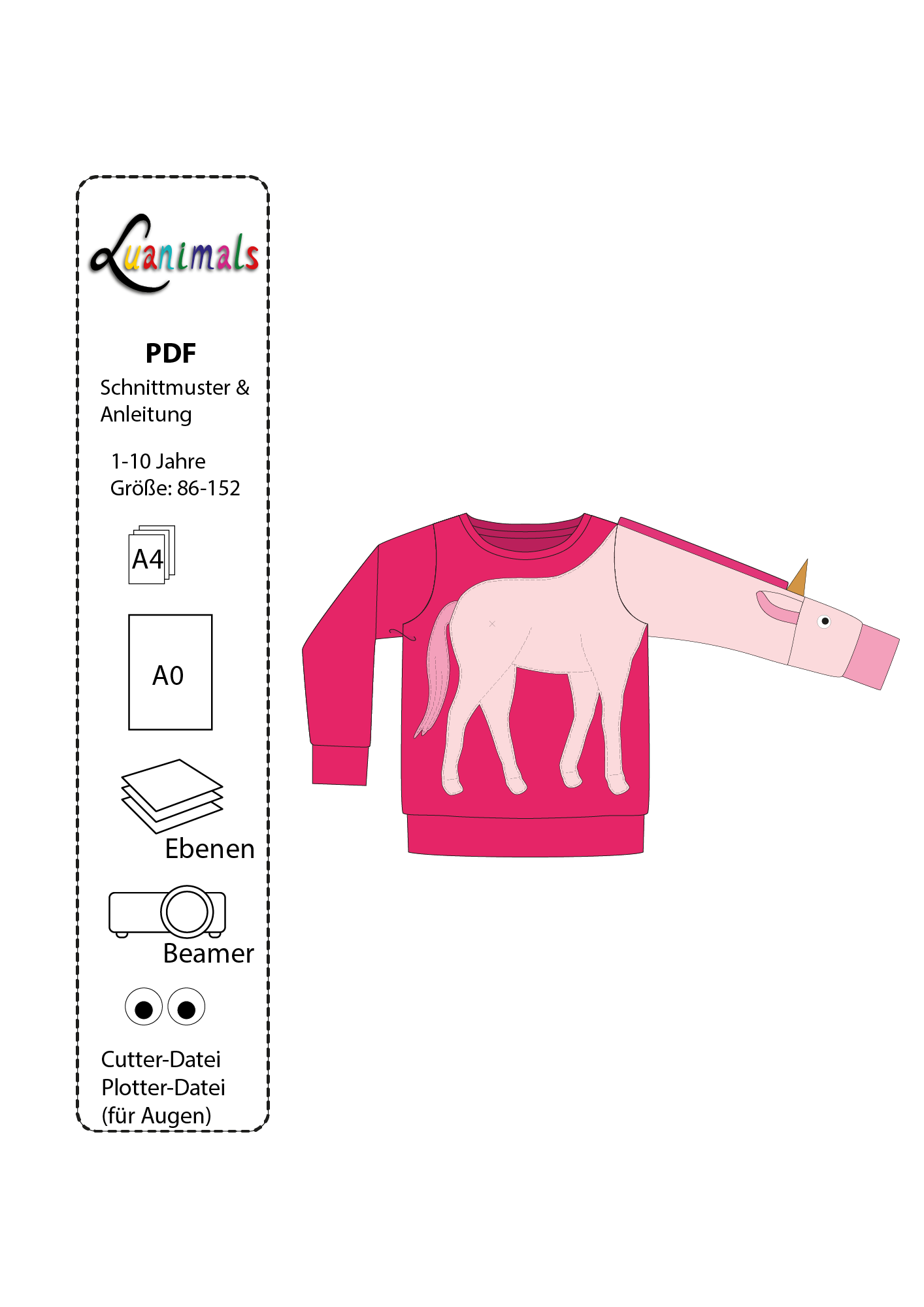 Digitales Schnittmuster zum download im PDF Format für Kinder Pullover mit Motiv Einhorn Elon von Luanimals
