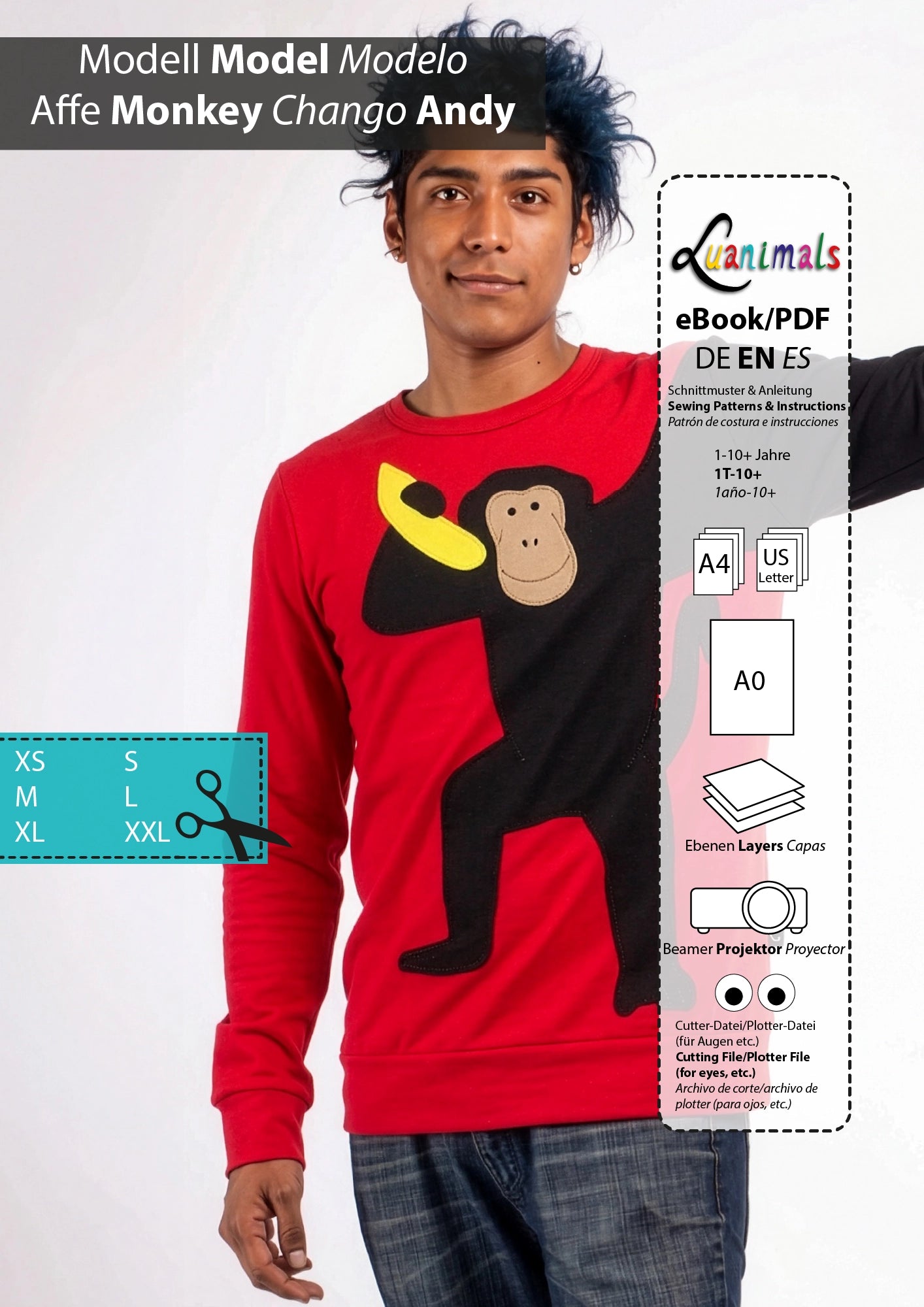 Ebook mit digitalem Schnittmuster und Nähanleitung für Pullover mit Tiermotiv Affe Andyvon Luanimals