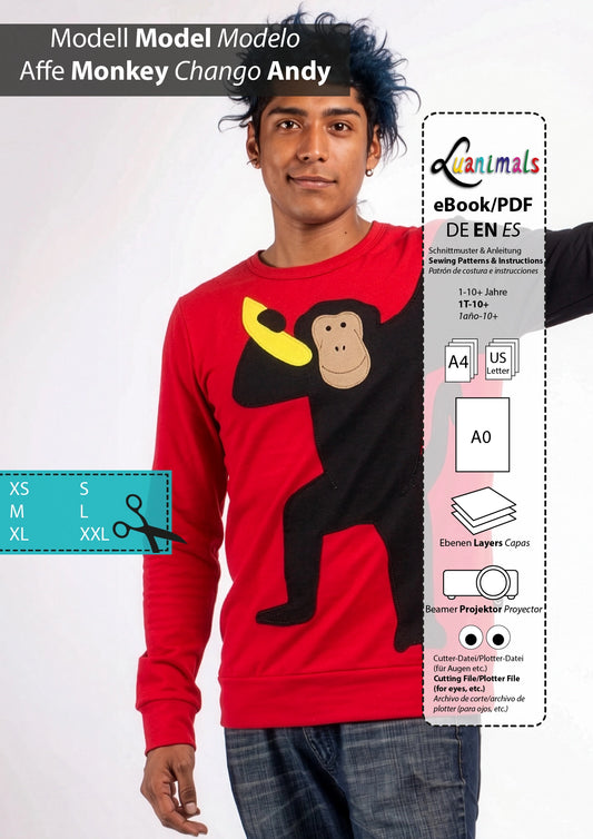 Ebook mit digitalem Schnittmuster und Nähanleitung für Pullover mit Tiermotiv Affe Andyvon Luanimals