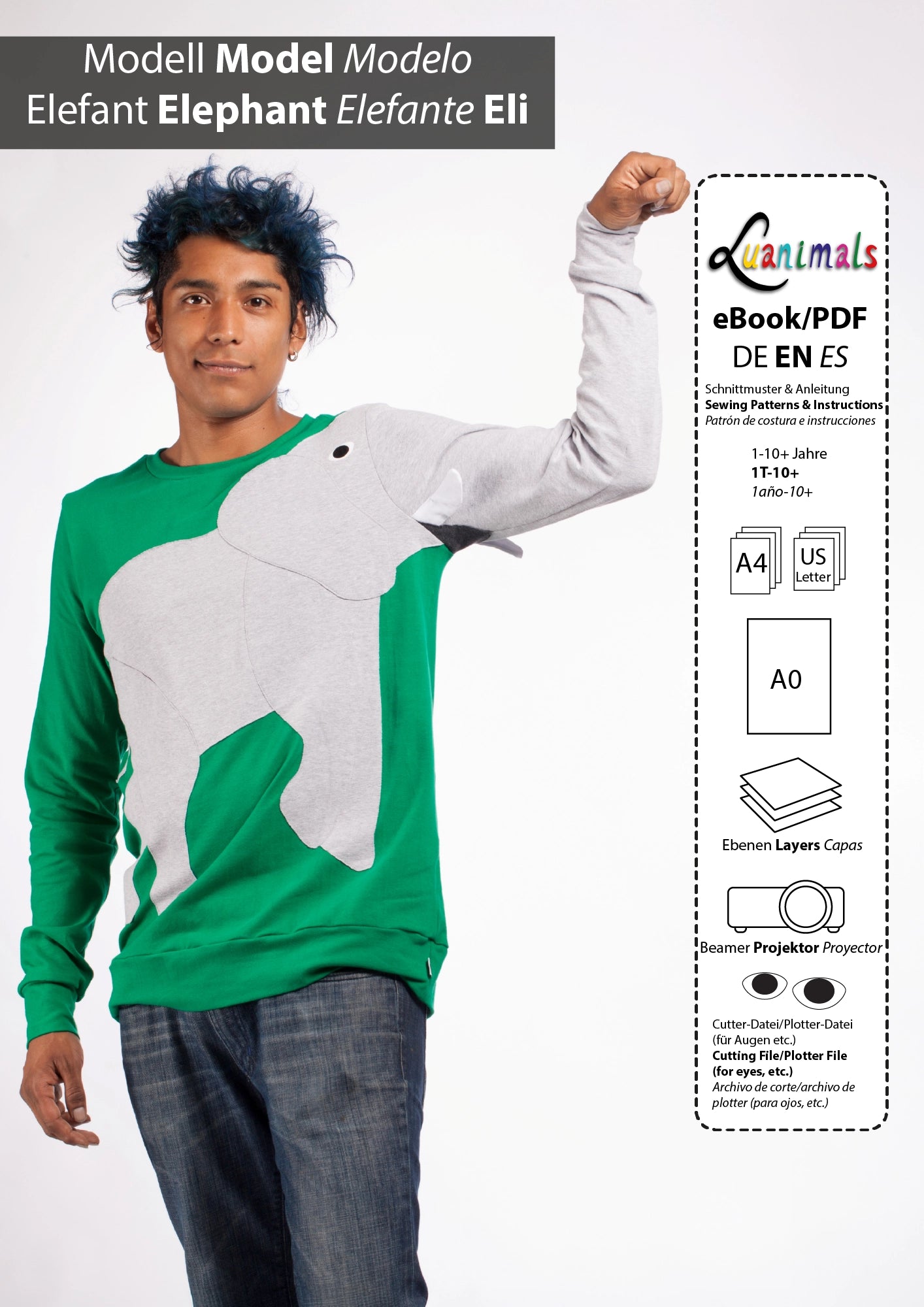 Ebook mit digitalem Schnittmuster und Nähanleitung für Pullover mit Tiermotiv Elefant Eli von Luanimals