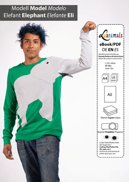 Ebook mit digitalem Schnittmuster und Nähanleitung für Pullover mit Tiermotiv Elefant Eli von Luanimals