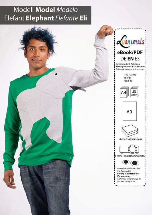 Ebook mit digitalem Schnittmuster und Nähanleitung für Pullover mit Tiermotiv Elefant Eli von Luanimals