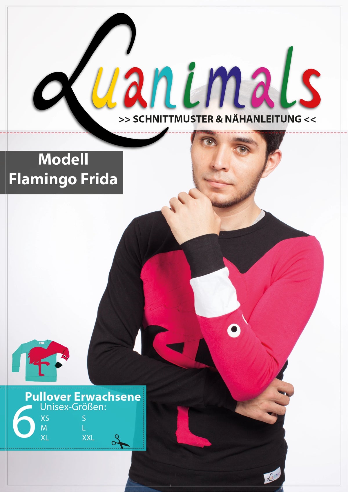 Ebook mit digitalem Schnittmuster und Nähanleitung für Pullover mit Tiermotiv Flamingo Frida von Luanimals
