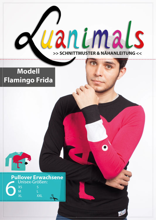 Ebook mit digitalem Schnittmuster und Nähanleitung für Pullover mit Tiermotiv Flamingo Frida von Luanimals