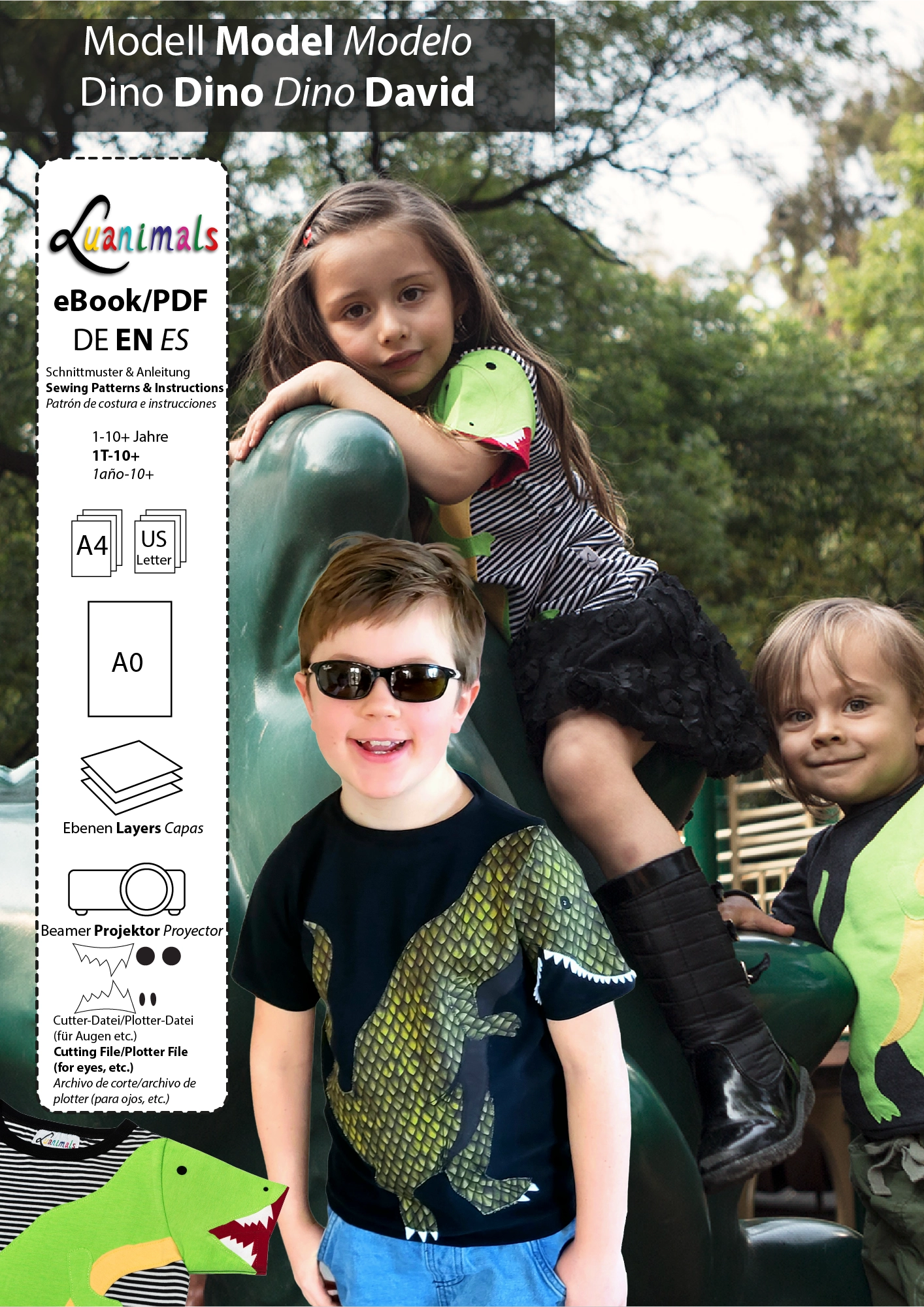 Luanimas digitales E-Book mit Schnittmuster und Nähanleitung für Kinder T-Shirt Dinosaurier David von Luanimals