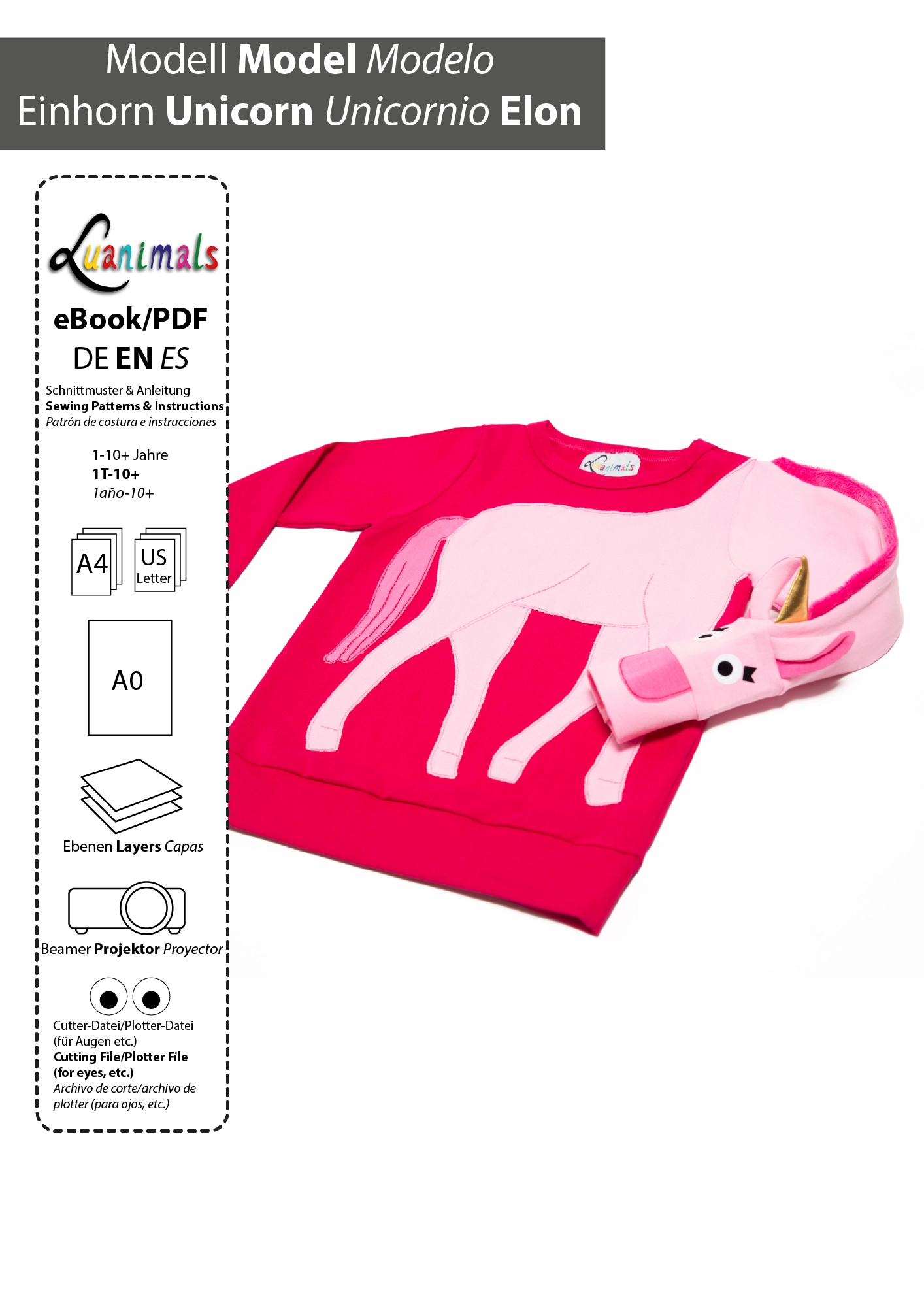 Digitales Schnittmuster zum download im PDF Format für Kinder Pullover mit Motiv Einhorn Elon von Luanimals
