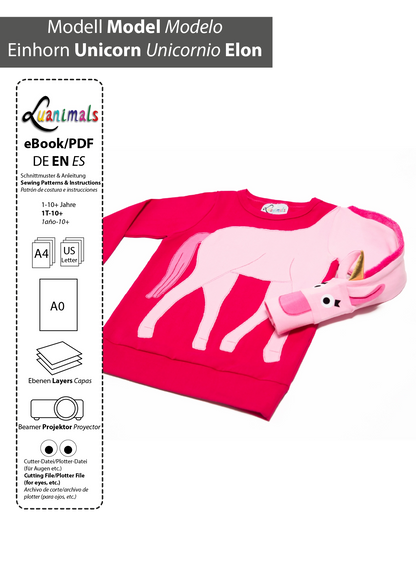 Digitales Schnittmuster zum download im PDF Format für Kinder Pullover mit Motiv Einhorn Elon von Luanimals