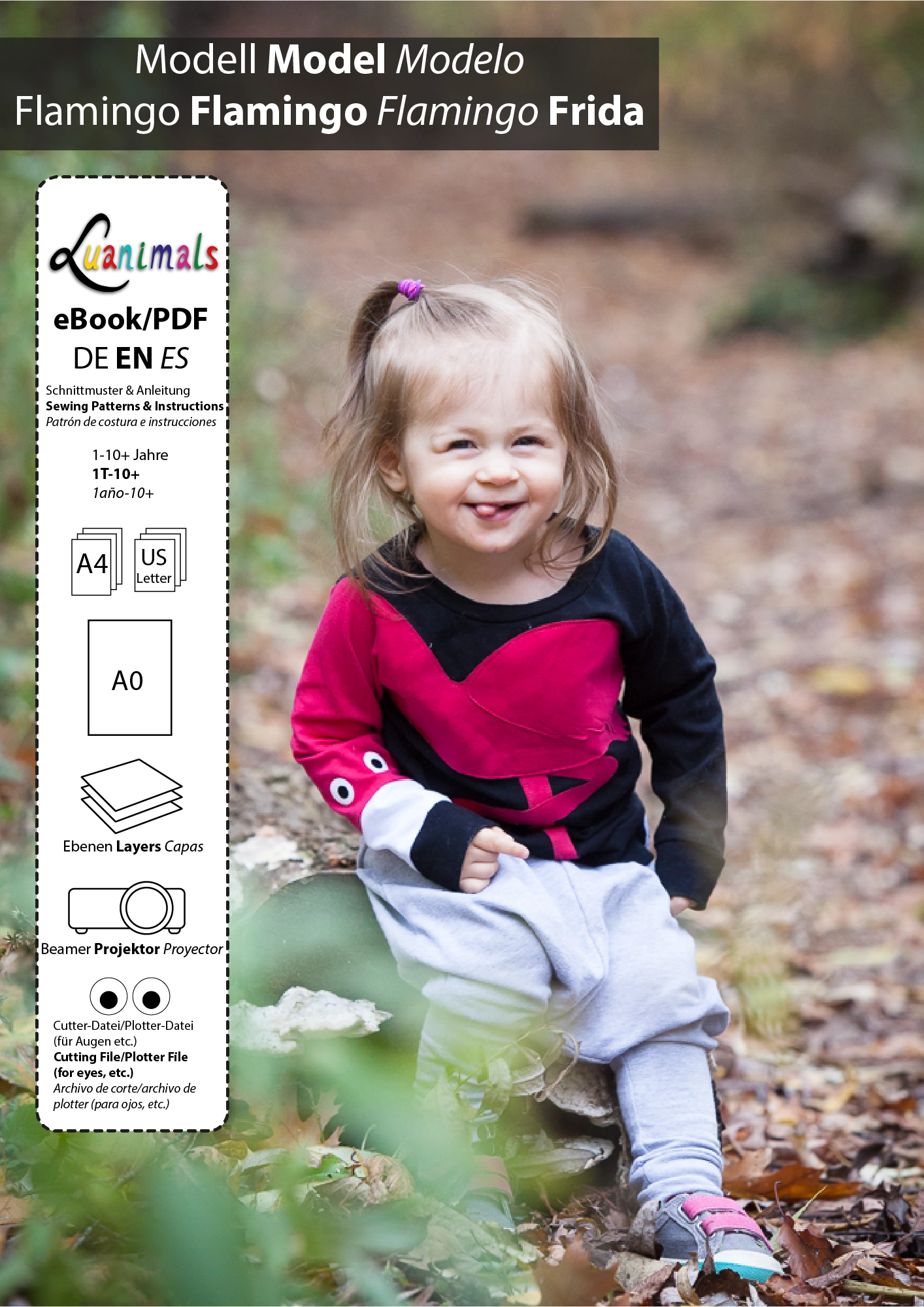 Ebook mit digitalem Schnittmuster und Nähanleitung für Pullover mit Tiermotiv Flamingo Frida von Luanimals