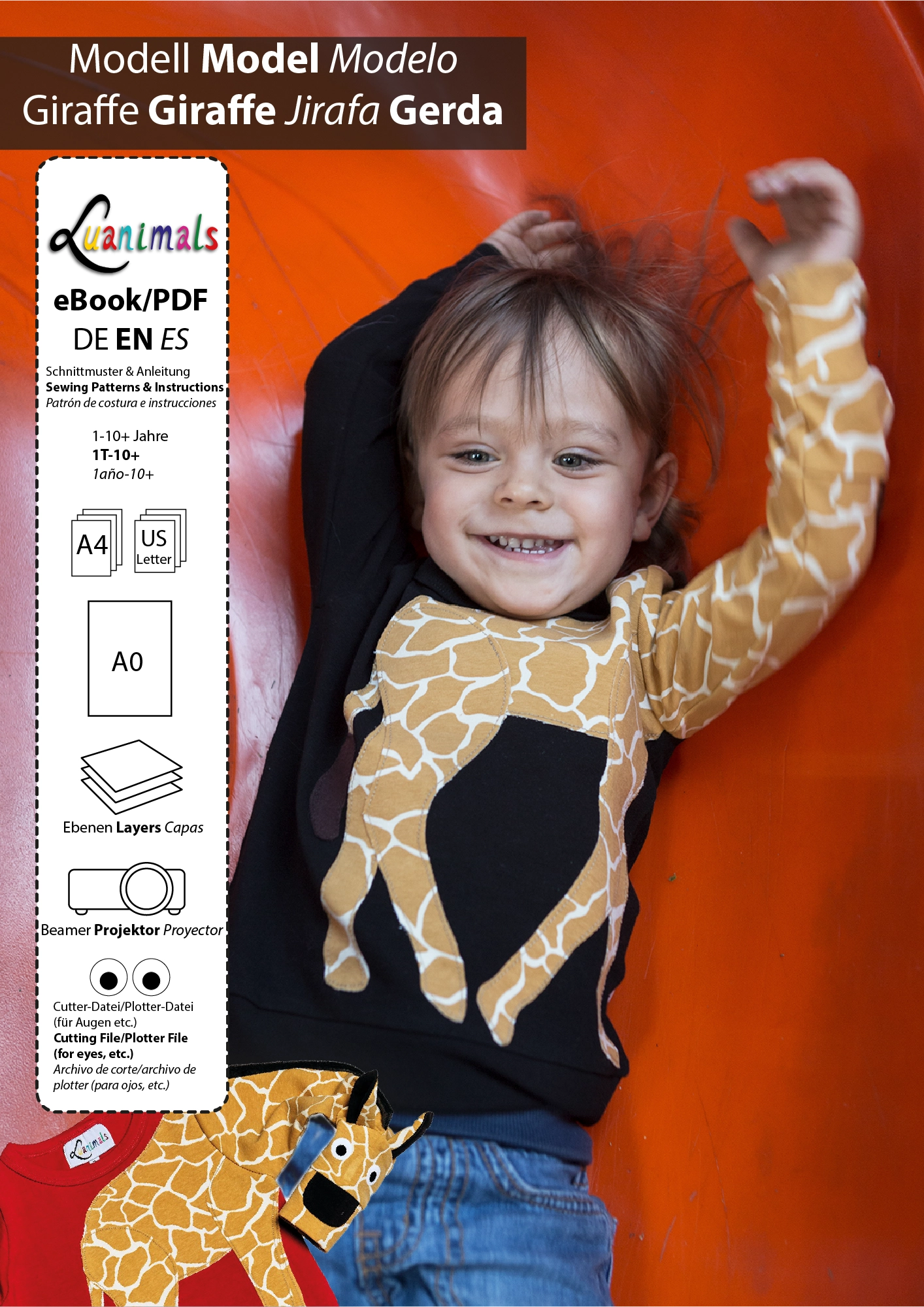 Luanimals Schnittmuster und Nähanleitung als digitaler Download für Kinderpullover mit Tiermotiv Giraffe Gerda