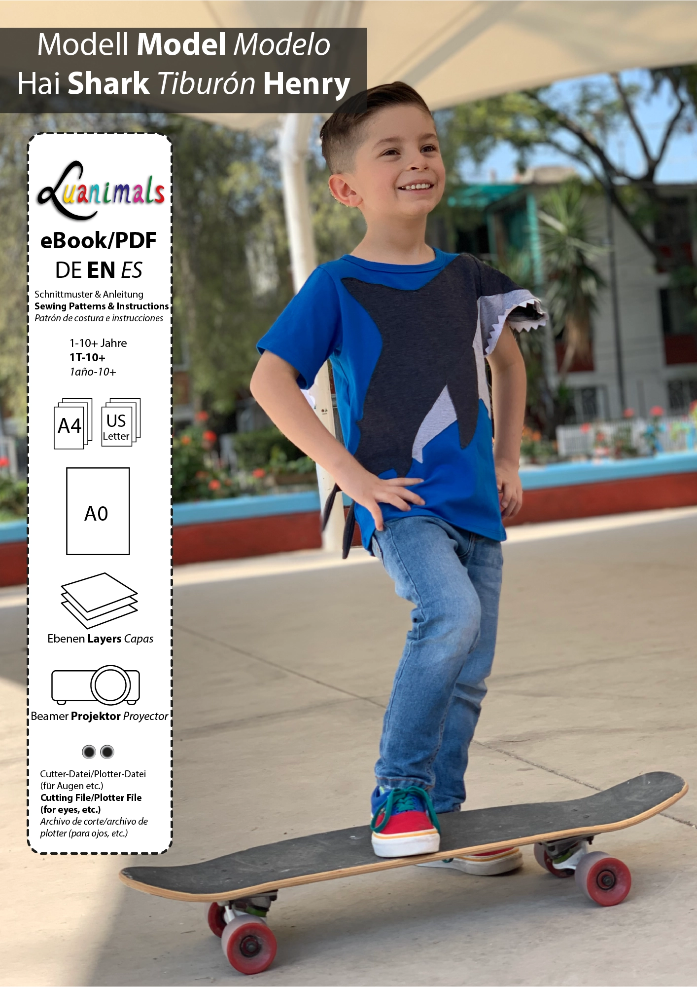 Ebook für digitalen Download mit Schnittmuster und Nähanleitung für Kinder T-Shirt mit Tiermotiv Hai Henry von Luanimals