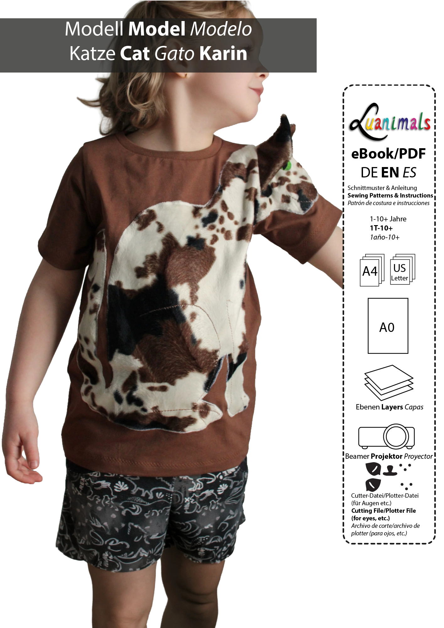 PDF Schnittmuster mit Nähanleitung für Kinder T-Shirt Katze Karin von Luanimals