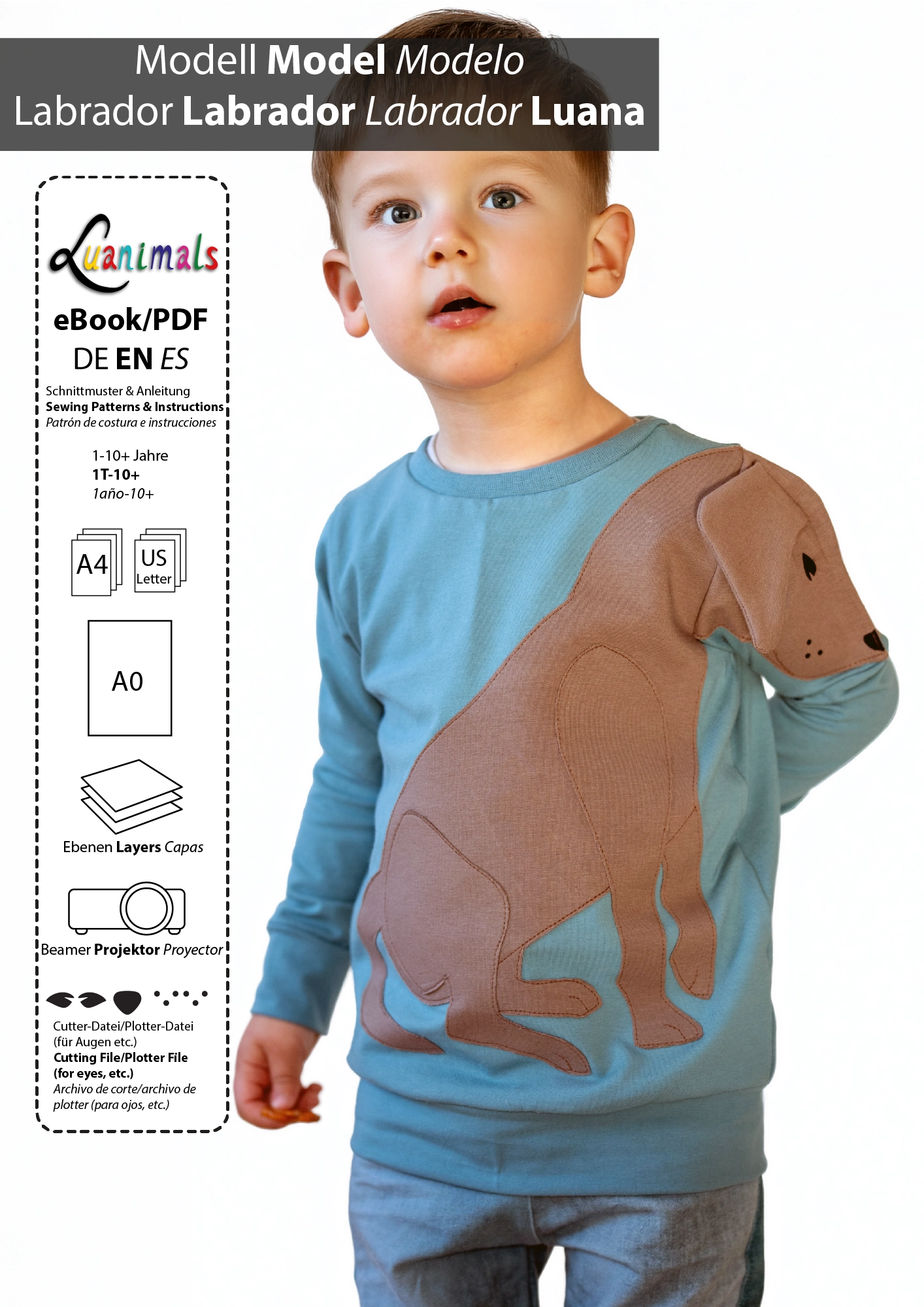 Ebook mit digitalem Schnittmuster und Nähanleitung für Pullover mit Tiermotiv Hund Labrador Luana von Luanimals