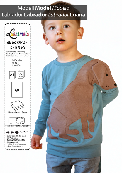 Ebook mit digitalem Schnittmuster und Nähanleitung für Pullover mit Tiermotiv Hund Labrador Luana von Luanimals