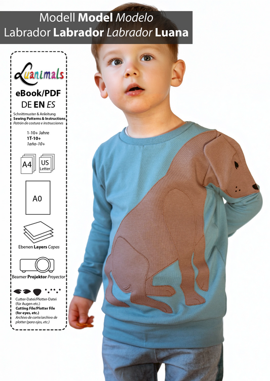 Ebook mit digitalem Schnittmuster und Nähanleitung für Pullover mit Tiermotiv Hund Labrador Luana von Luanimals