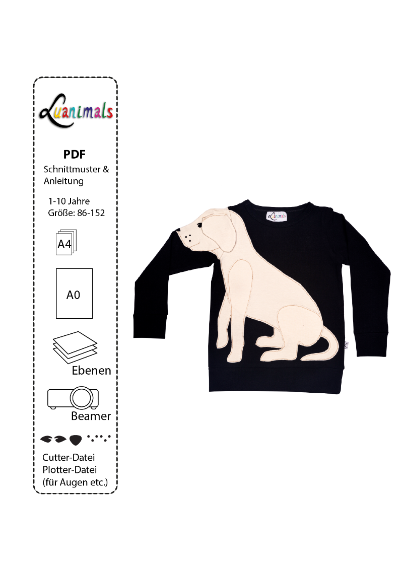 Ebook mit digitalem Schnittmuster und Nähanleitung für Pullover mit Tiermotiv Hund Labrador Luana von Luanimals