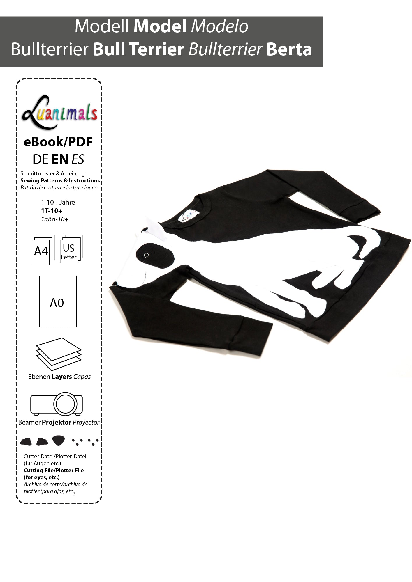 Ebook mit digitalem Schnittmuster und Nähanleitung für Pullover mit Tiermotiv Bullterrier Berta von Luanimals