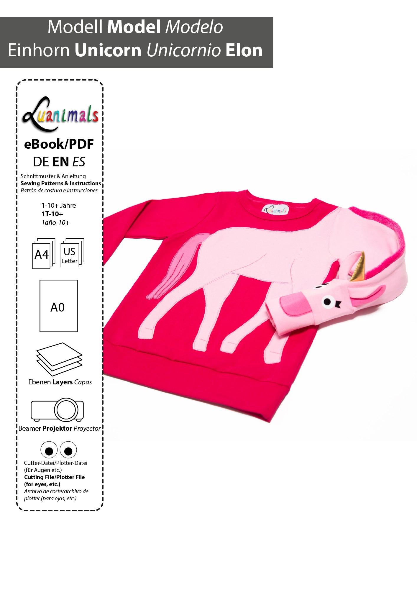 Digitales Schnittmuster zum download im PDF Format für Kinderpullover mit Motiv Einhorn Elon von Luanimals