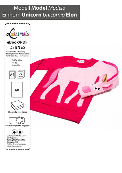 Digitales Schnittmuster zum download im PDF Format für Kinderpullover mit Motiv Einhorn Elon von Luanimals