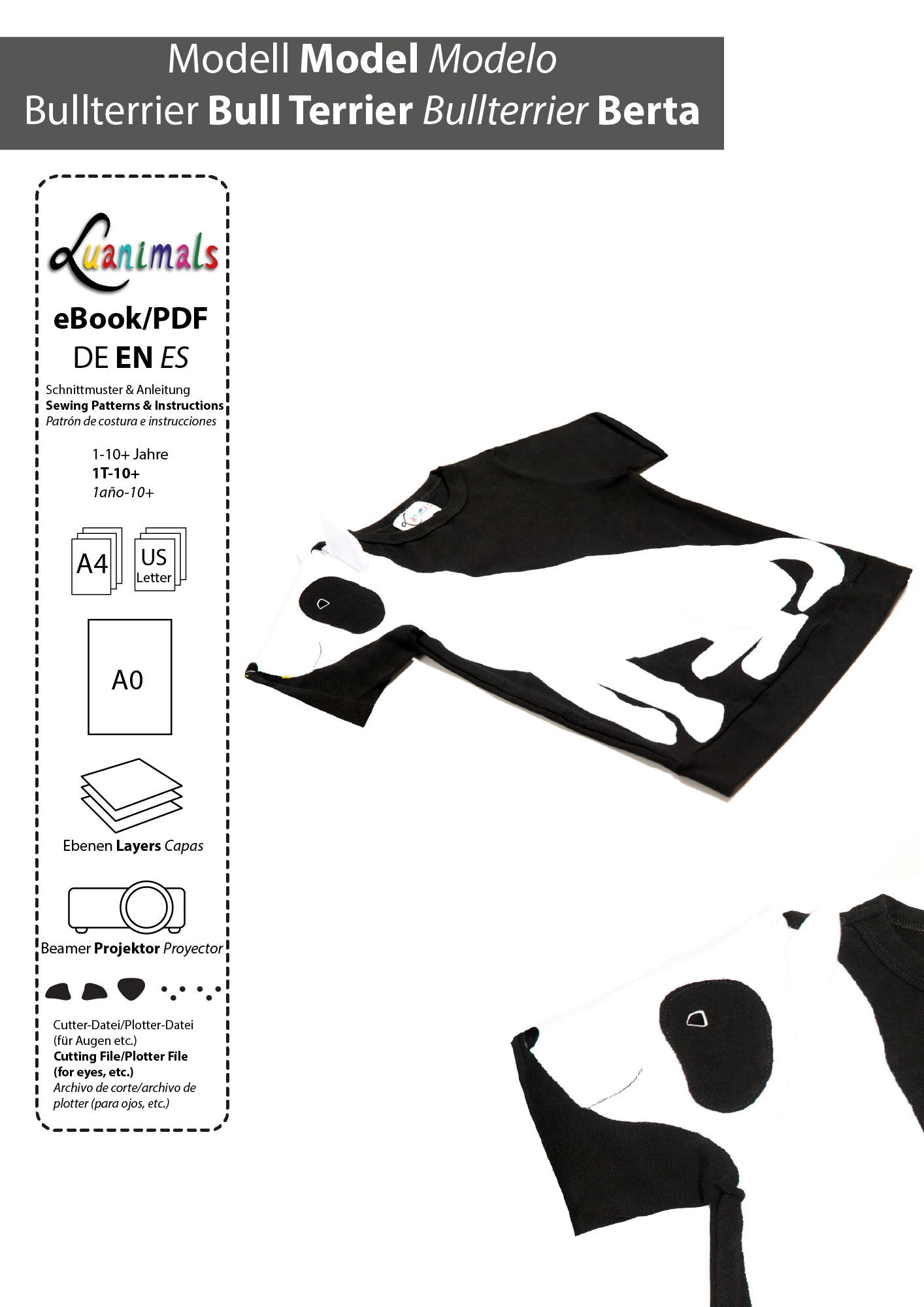 Ebook mit digitalem Schnittmuster und Nähanleitung für Hunde T-Shirt Bullterrier Berta von Luanimals