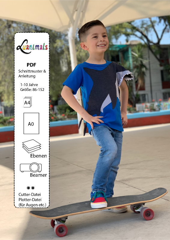 Ebook für digitalen Download mit Schnittmuster und Nähanleitung für Kinder T-Shirt mit Tiermotiv Hai Henry von Luanimals