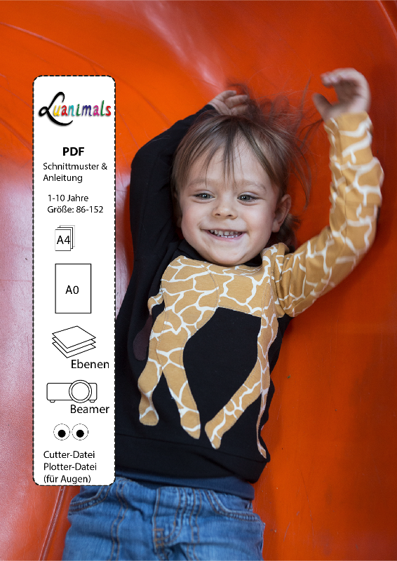 Luanimals Schnittmuster und Nähanleitung als digitaler Download für Kinderpullover mit Tiermotiv Giraffe Gerda