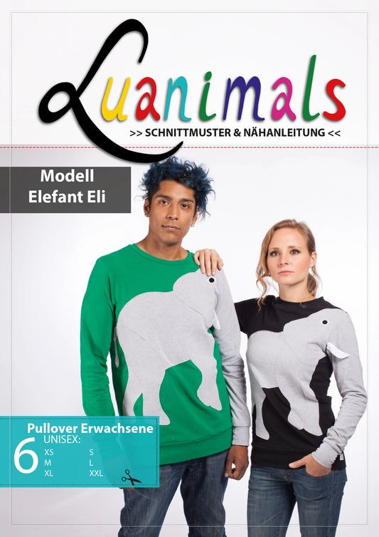 Schnittmuster und Nähanleitung für Pullover für Erwachsene Unisex mit Tiermotiv Elefant Eli von Luanimals