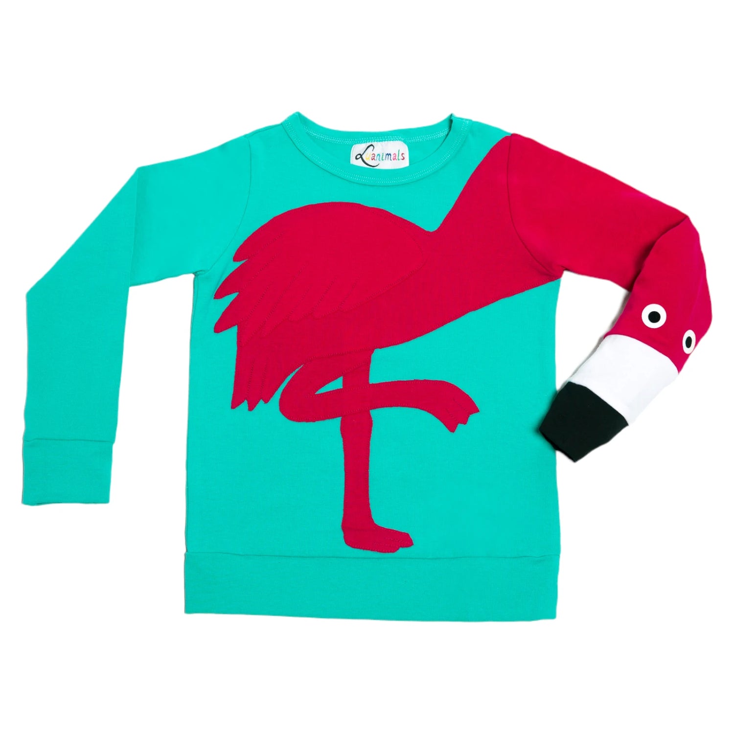 Luanimals Kinder Pullover mit Tiermotiv Flamingo Frida in türkis und pink aus Baumwoll-Jersey von Luanimals