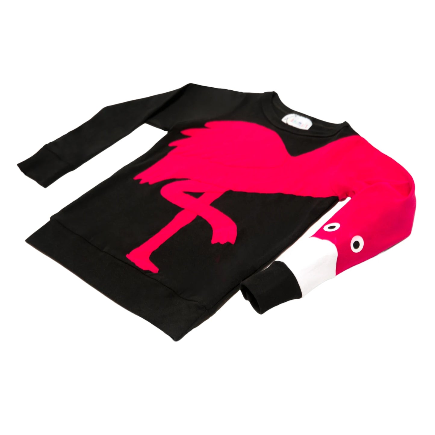 Luanimals Kinder Pullover mit Tiermotiv Flamingo Frida in schwarz und pink aus Baumwoll-Jersey