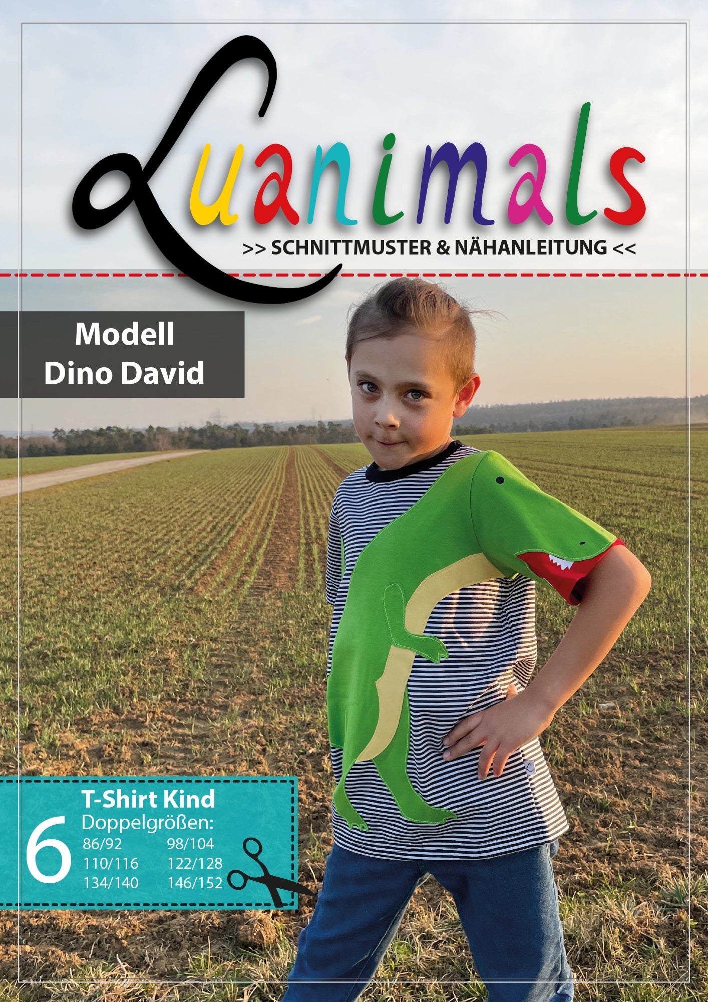 Luanimals Schnittmuster und Nähanleitung für Kinder T-Shirt Dino David in 6 Doppelgrößen