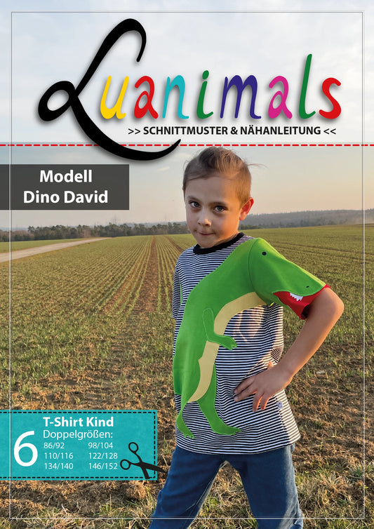 Luanimals Schnittmuster und Nähanleitung für Kinder T-Shirt Dino David in 6 Doppelgrößen