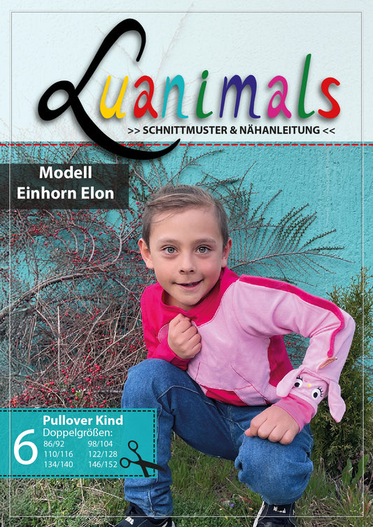 Schnittmuster mit Nähanleitung für Kinderpullover mit Tiermotiv Einhorn Elon von Luanimals 