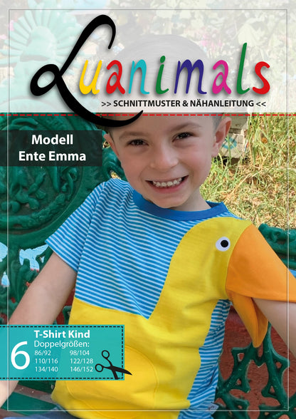 Luanimals Schnittmuster mit Nähanleitung für Kinder T-Shirt mit Tiermotiv Modell Ente Emma in 6 Doppelgrößen