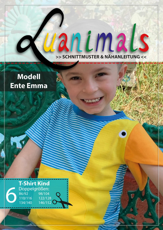 Luanimals Schnittmuster mit Nähanleitung für Kinder T-Shirt mit Tiermotiv Modell Ente Emma in 6 Doppelgrößen