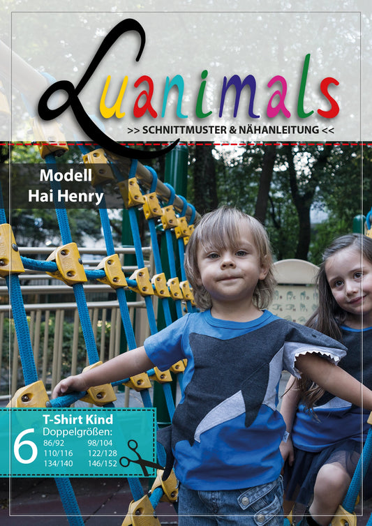 Luanimals Schnittmuster mit Nähanleitung für Kinder T-Shirt Hai Henry in blau grau