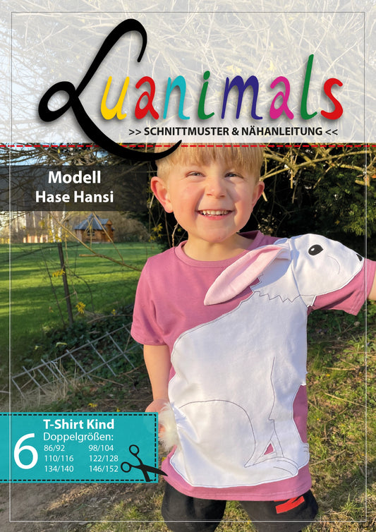 Luanimals Schnittmuster mit Nähanleitung für Kinder T-Shirt mit Tiermotiv Modell Hase Hansi in 6 Doppelgrößen