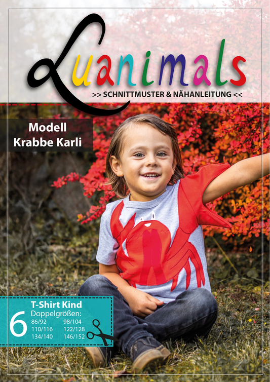 Schnittmuster für ein ausgefallenes Kindertshirt mit Krebs Karli Tiermotiv in grau blau und rot