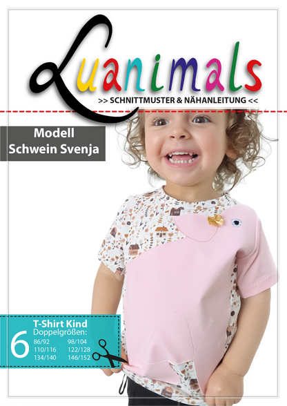 Luanimals Schnittmuster mit Nähanleitung für Kinder T-Shirt mit Tiermotiv Modell Schwein Svenja in 6 Doppelgrößen