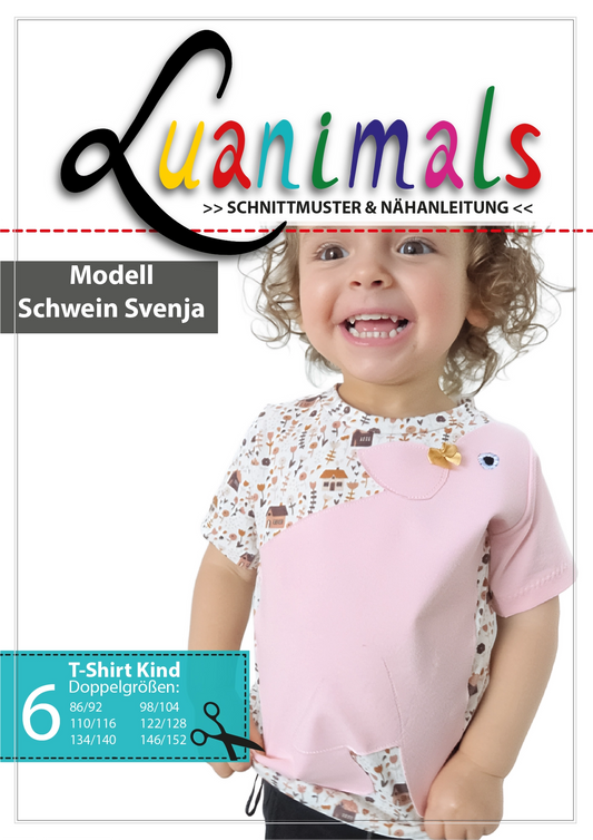 Luanimals Schnittmuster mit Nähanleitung für Kinder T-Shirt mit Tiermotiv Modell Schwein Svenja in 6 Doppelgrößen