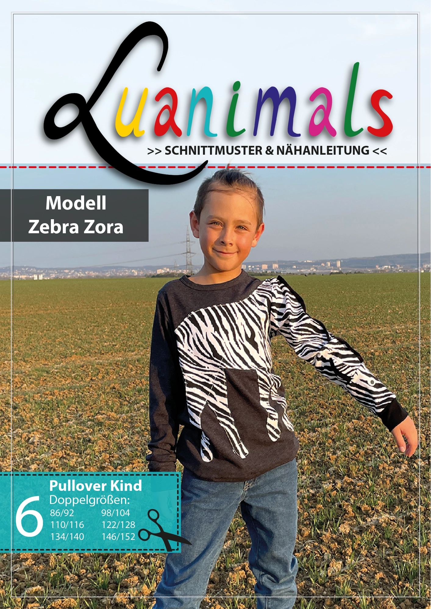 Luanimals Schnittmuster mit Nähanleitung für Kinderpullover aus Baumwoll-Jersey mit Tiermotiv Zebra Zora 