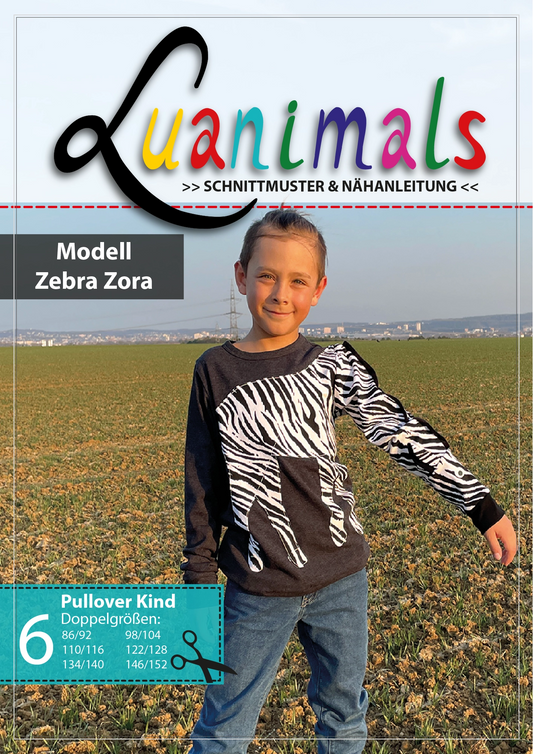 Luanimals Schnittmuster mit Nähanleitung für Kinderpullover aus Baumwoll-Jersey mit Tiermotiv Zebra Zora 