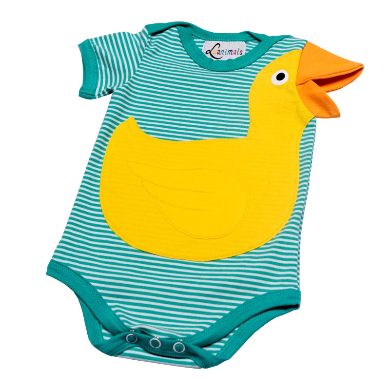 Babybody für Neugeborene und Kleinkinder in türkis und weiß gestreift mit gelber Ente Emma von Luanimals