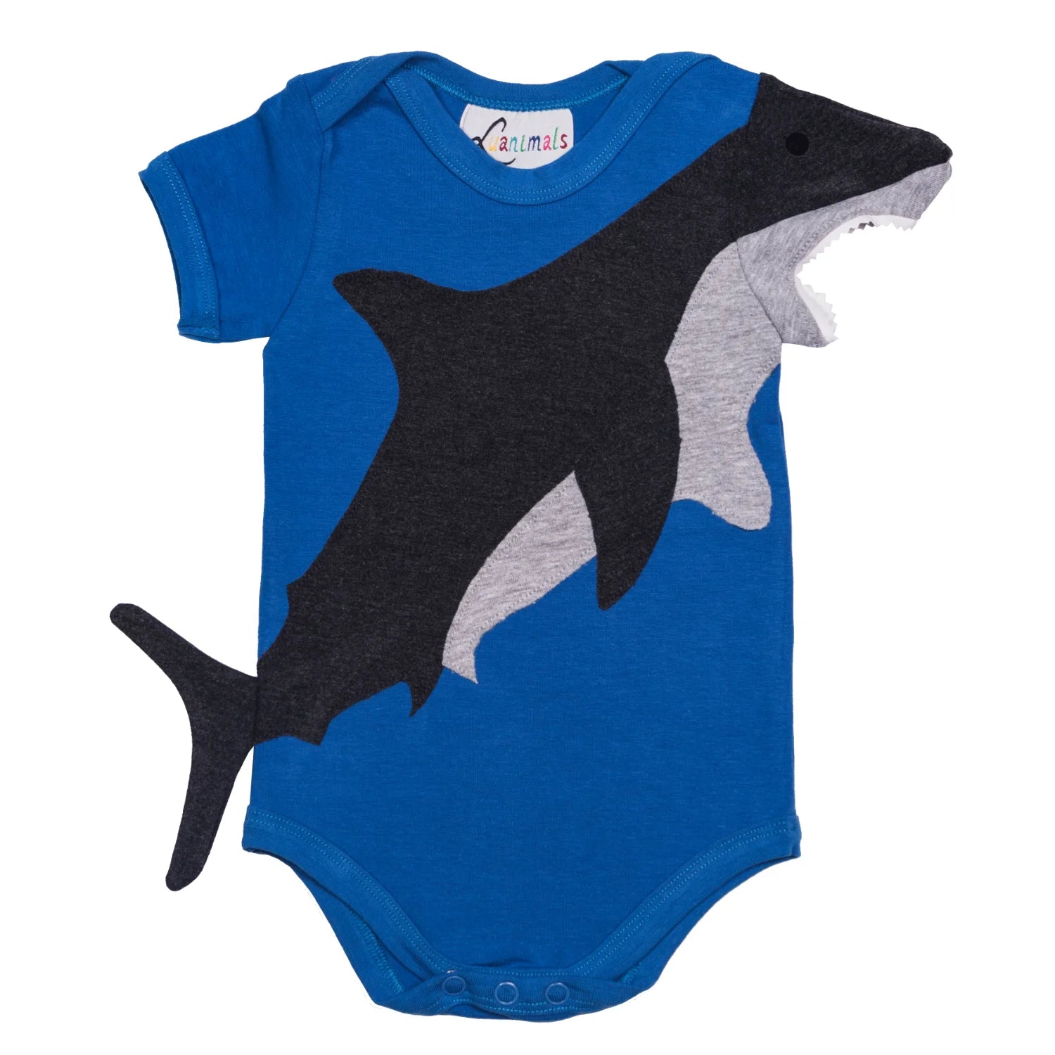 Luanimals Babybody für Neugeborene und Kleinkinder in blau mit blauem Hai Henry