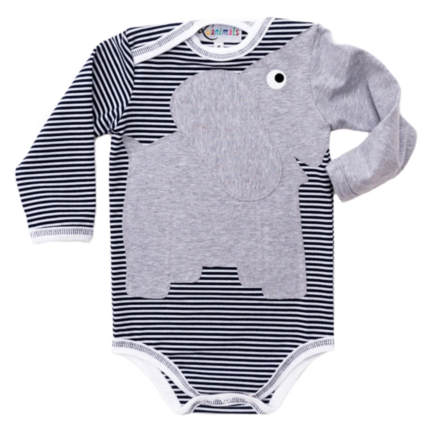 Luanimals Babybody für Neugeborene und Kleinkinder in dunkelblau und weiß gestreift mit grauem Elefant Eli 