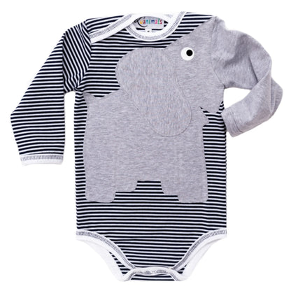 Luanimals Babybody für Neugeborene und Kleinkinder in dunkelblau und weiß gestreift mit grauem Elefant Eli 