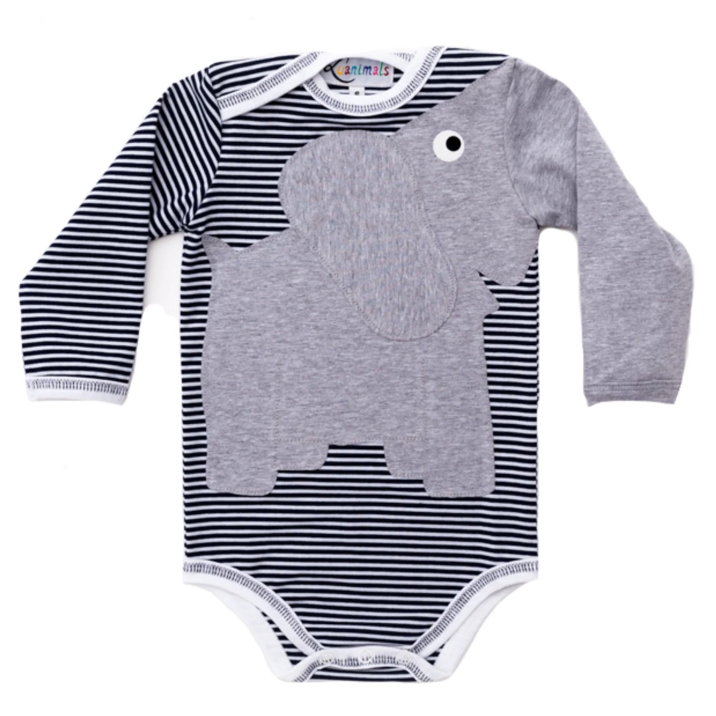 Babybody mit Tier Elefant Eli in dunkelblau und weiß gestreift aus Baumwoll-Jersey von Luanimals