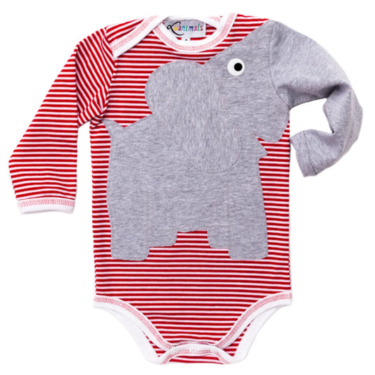 Luanimals Babybody mit Tier Applikation Elefant Eli in rot und weiß gestreift aus Baumwoll-Jersey