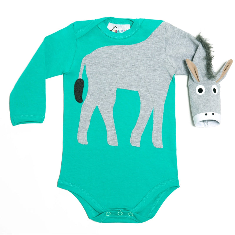 Luanimals Baby Body aus Baumwoll-Jersey mit einzigartigem Esel Tiermotiv in türkis und grau