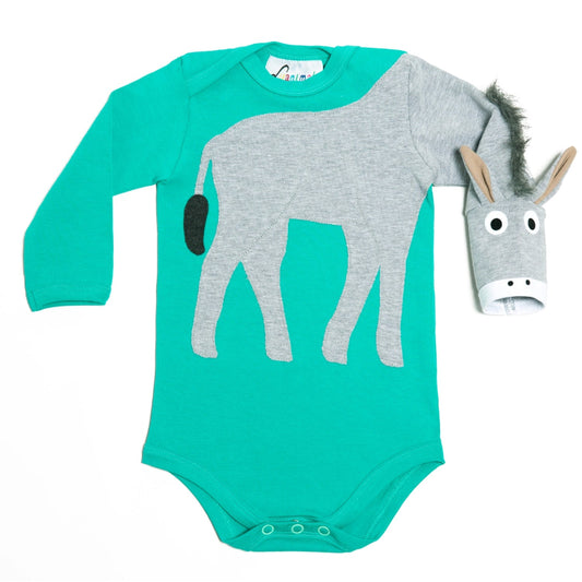 Luanimals Baby Body aus Baumwoll-Jersey mit einzigartigem Esel Tiermotiv in türkis und grau