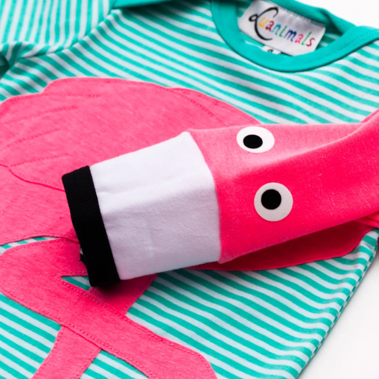 Baby Body mit Tier Motiv Flamingo Frida in türkis und weiß gestreift aus Baumwoll-Jersey von Luanimals