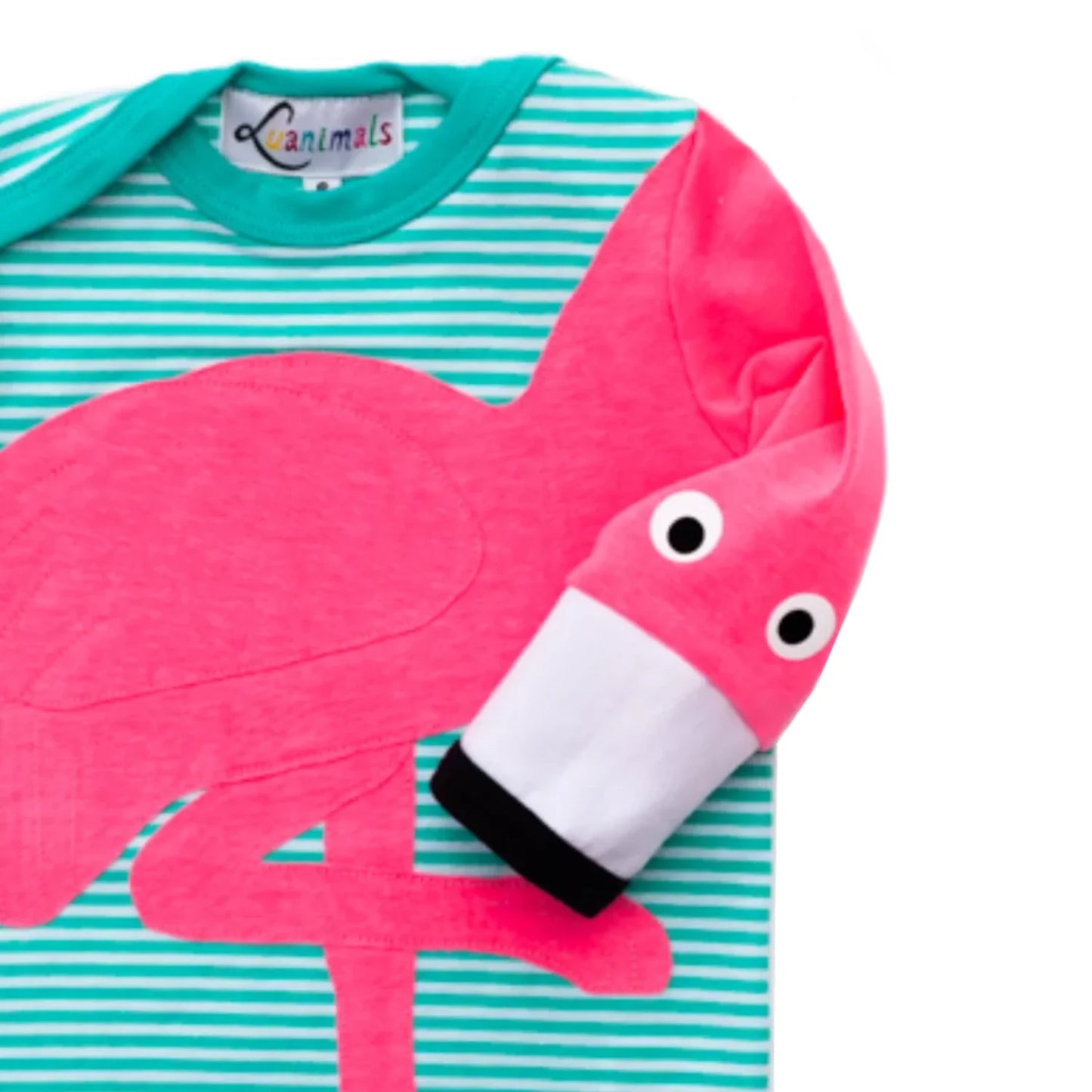 Luanimals Babybody mit Tier Motiv Flamingo Frida in türkis und weiß gestreift aus Baumwoll-Jersey